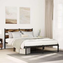 Berkfield Home Metal Bed Frame without Mattress Smoked Oak 140x190 cm in Brown - thumbnail 1