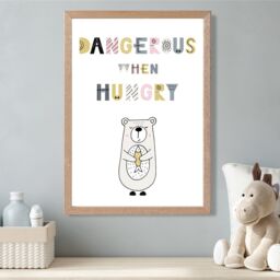 ARTZE Cute Dangerous When Hungry Bear Scandi Quote Framed Print SIZE: A2 with Oak Frame in Pink - Size: A4 - thumbnail 2