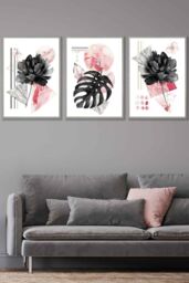 ARTZE Set of 3 Light Grey Framed Abstract Pink & Black Botanical Wall Art in Bright Pink - Size: W45 cm x H62 cm x D20mm