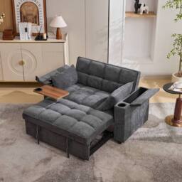 BTM 2-Seater Click Clack Sofa Bed with Cup Holders & USB Ports in Grey - thumbnail 1