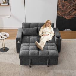 BTM 2-Seater Click Clack Sofa Bed with Cup Holders & USB Ports in Grey - thumbnail 2