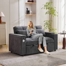 BTM 2-Seater Click Clack Sofa Bed with Cup Holders & USB Ports in Grey - thumbnail 8