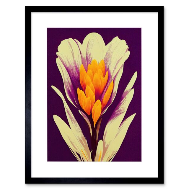 "Artery8 Wall Art Print Vibrant Saffron Crocus Flower Abstract in Violet Orange Cream Artwork Framed 9X7 Inch in Black - Size: W7"" x H9""" - image 1