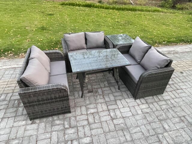 Fimous Rattan Garden Furniture Set 6 Seater Patio Outdoor Love Sofa Set with Rectangular Dining Table Side Table in Dark Grey - image 1