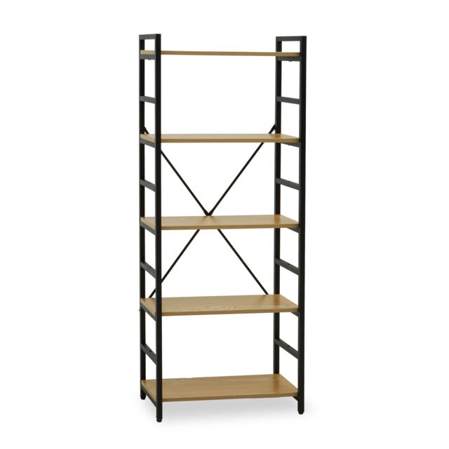 Orsina Cross-Pattern Design 5 Tier Light Yellow Shelf Unit, Bookcase Shelving With Black Metal Frame, Storage Rack - image 1
