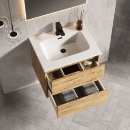 Banyetti Venti 600mm Wall Hung Vanity Unit with Athena Basin - Ostippo Oak in Brown - thumbnail 2