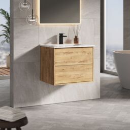 Banyetti Venti 600mm Wall Hung Vanity Unit with Athena Basin - Ostippo Oak in Brown - thumbnail 3