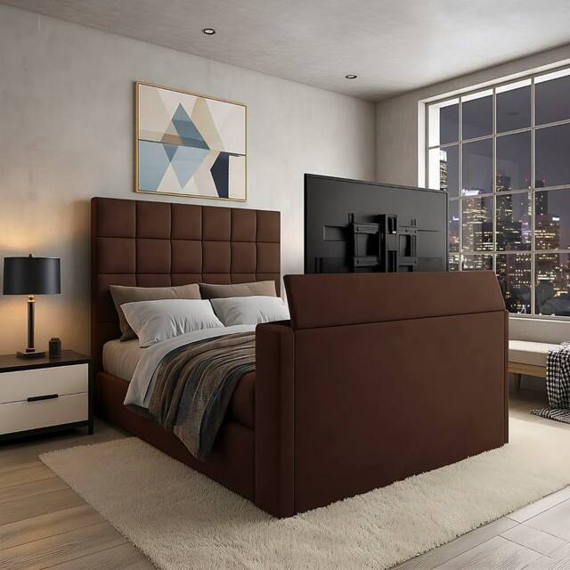 PARADISE BEDS LTD Royal Upholstered Dream Sleep Tv Bed With Ottoman Lift Storage in Dark Brown - Size: Double - image 1