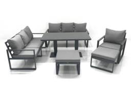 Fimous Outdoor Garden Furniture Set Aluminium Lounge Sofa Adjustable Rising Lifting Dining Table Sets with 2 Big Footstools Dark Grey - thumbnail 2