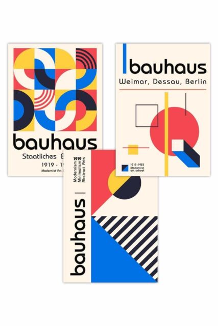 ARTZE Set of 3 Mid Century Bauhaus Exhibition Red Blue Yellow Art Posters - Size: W50 cm x H70 cm - image 1
