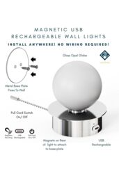 CGC Lighting 'Macie' Satin Nickel & White Opal Globe LED Rechargeable Magnetic USB Reading Bedside Wall Light Pull Cord Switch in Silver - thumbnail 3