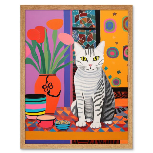 Artery8 Wall Art Print The Stripey Cat Sits Artwork Potted Flower Plant Henri Matisse Style Painting Home Bold Bright Vibrant Folk Art Framed - image 1