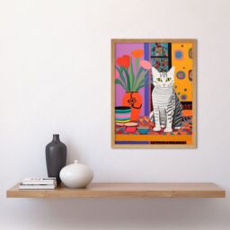 Artery8 Wall Art Print The Stripey Cat Sits Artwork Potted Flower Plant Henri Matisse Style Painting Home Bold Bright Vibrant Folk Art Framed - thumbnail 2