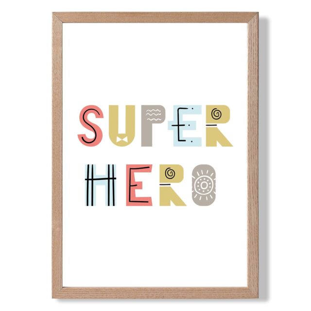 ARTZE Cute Super Hero Scandi Quote Framed Print SIZE: A3 with Oak Frame in Pale Blue - Size: A2 - image 1