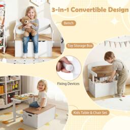 Costway 3-in-1 Kids Table & Chair Set Activity Bench Wooden Toy Storage Box in White - thumbnail 5