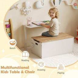 Costway 3-in-1 Kids Table & Chair Set Activity Bench Wooden Toy Storage Box in White - thumbnail 6