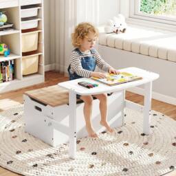 Costway 3-in-1 Kids Table & Chair Set Activity Bench Wooden Toy Storage Box in White - thumbnail 3