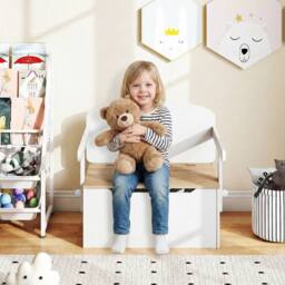 Costway 3-in-1 Kids Table & Chair Set Activity Bench Wooden Toy Storage Box in White - thumbnail 4