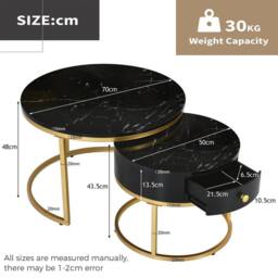 KORVIXA Marble Look Stacking Side Tables with Storage Drawer in Black - Size: 100 cm x 100 cm - thumbnail 2