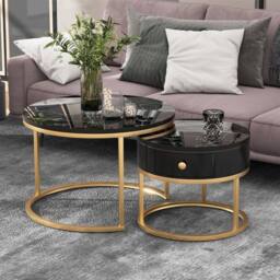 KORVIXA Marble Look Stacking Side Tables with Storage Drawer in Black - Size: 100 cm x 100 cm - thumbnail 4