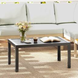 OUTSUNNY Outdoor Side Table Garden Table with Steel Frame & Slat Top Wood in Dark Grey - thumbnail 1