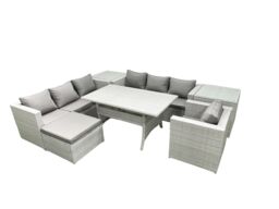 Fimous 7 Pieces Outdoor Rattan Sofa Set with Cushions Patio Garden Furniture Sets with Armchair Dining Table 2 Side Tables Big Footstool in Light Grey - thumbnail 2