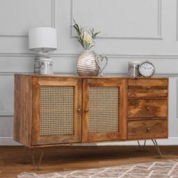 Jaipur Furniture Ltd Nyack Large Sideboard - Mango Wood/Iron - L40 x W145 x H80 cm - Light Brown with Natural Rattan - Assembly Required - thumbnail 9