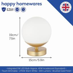 Happy Homewares Modern Touch Dimmable LED Globe Glass Table Lamp with Brushed Base in Gold - thumbnail 4