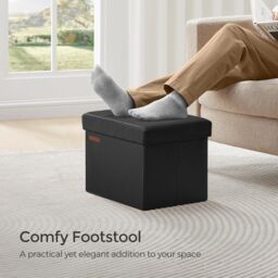 SONGMICS Small Cube Foldable Storage Ottoman Foot Rest Heavy Duty Capacity in Black
