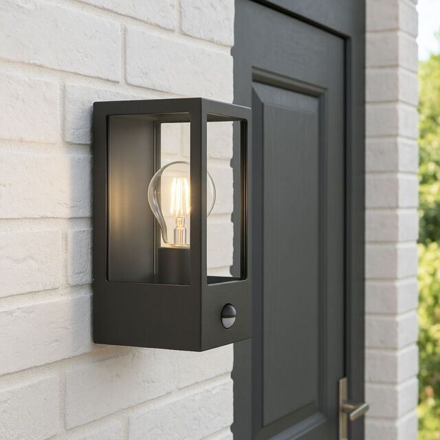 CGC Lighting Marina Black E27 Outdoor PIR Motion Sensor Wall Light Box Lantern Clear Diffuser IP44 - image 1