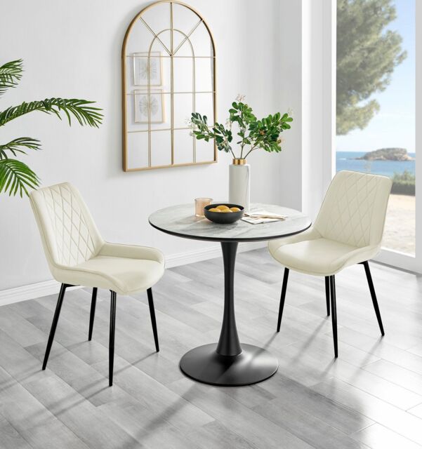 FurnitureboxUK Elina White Marble Effect Scratch Resistant Dining Table & 2 Pesaro Black Leg Velvet Chairs in Cream - image 1