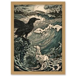 Artery8 Raven & Crashing Waves Coastal Sunrise Landscape Artwork Framed Wall Art Print A4 in Light Oak - thumbnail 1