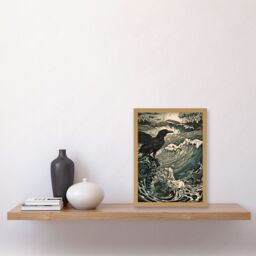 Artery8 Raven & Crashing Waves Coastal Sunrise Landscape Artwork Framed Wall Art Print A4 in Light Oak - thumbnail 2
