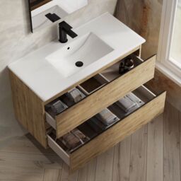 Banyetti Vatilla 1000mm Wall Hung Vanity Unit with Lira Basin - Ostippo Oak in Light Oak - thumbnail 3