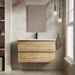 Banyetti Vatilla 1000mm Wall Hung Vanity Unit with Lira Basin - Ostippo Oak in Light Oak