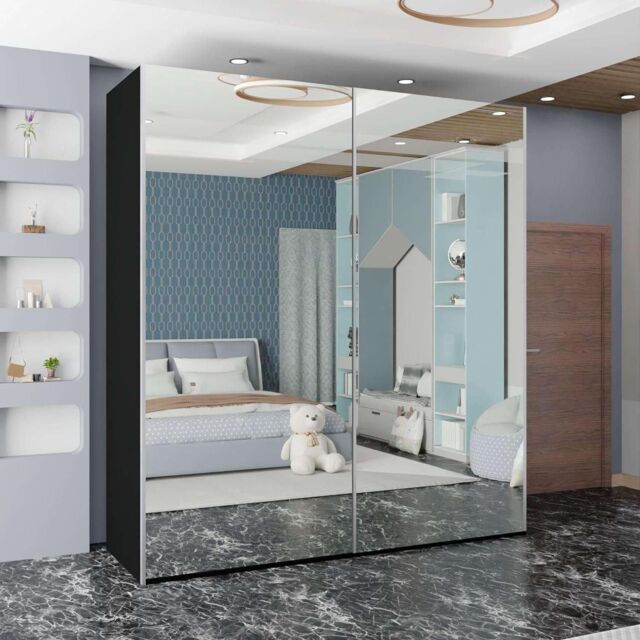 Sliding Wardrobes 4U Full Mirror Double/Triple Mirror Wardrobe 200cm X 217cm in Black - Size: 200 cm X 217 cm - image 1