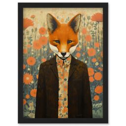 Artery8 Wall Art Print Portrait of Dressed Fox in Suit & Shirt Floral Background Orange Brown Autumn Tones Artwork Framed A4 in Black - thumbnail 1