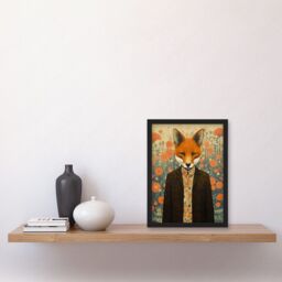 Artery8 Wall Art Print Portrait of Dressed Fox in Suit & Shirt Floral Background Orange Brown Autumn Tones Artwork Framed A4 in Black - thumbnail 2