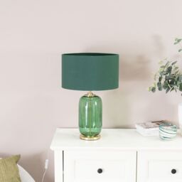 ValueLights Leigh Fabric Drum Shade with Forest Green Glass & Gold Trim Table Lamp in Bottle Green - thumbnail 3