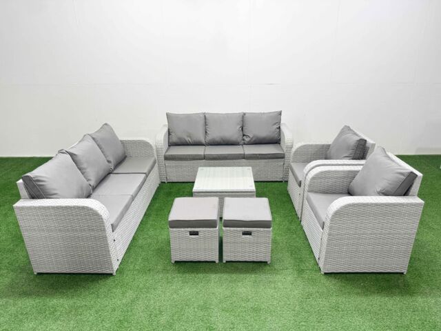 Fimous PE Rattan High Back Lounge Sofa Set Patio Square Coffee Table & Chairs Set with 3 Seater Sofa Reclining Chair Stools Light Grey - image 1