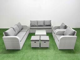 Fimous PE Rattan High Back Lounge Sofa Set Patio Square Coffee Table & Chairs Set with 3 Seater Sofa Reclining Chair Stools Light Grey - thumbnail 2