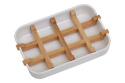 Orsina Modern Grey Bamboo Soap Dish, Minimalist Draining Soap Tray With Removable Insert, Bathroom Soap Holder in White - thumbnail 3