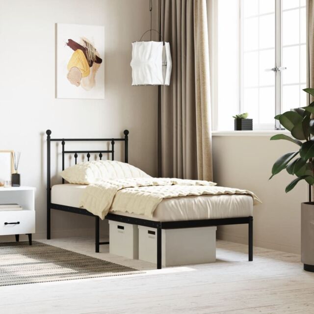 Berkfield Home Metal Bed Frame without Mattress with Headboard Black 75x190cm - Size: 75x190 cm - image 1