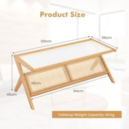 Costway 2-Tier Rectangular Coffee Table Modern Center Bamboo Table with Glass Tabletop in Natural - thumbnail 2