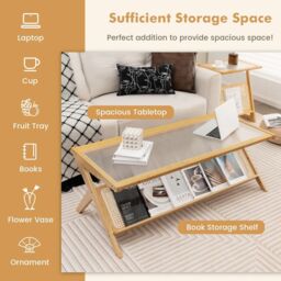 Costway 2-Tier Rectangular Coffee Table Modern Center Bamboo Table with Glass Tabletop in Natural - thumbnail 4
