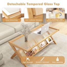 Costway 2-Tier Rectangular Coffee Table Modern Center Bamboo Table with Glass Tabletop in Natural - thumbnail 5