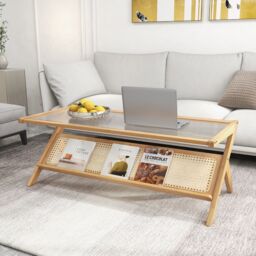 Costway 2-Tier Rectangular Coffee Table Modern Center Bamboo Table with Glass Tabletop in Natural - thumbnail 3