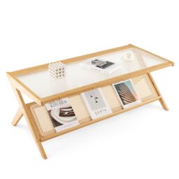 Costway 2-Tier Rectangular Coffee Table Modern Center Bamboo Table with Glass Tabletop in Natural