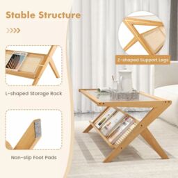 Costway 2-Tier Rectangular Coffee Table Modern Center Bamboo Table with Glass Tabletop in Natural - thumbnail 6