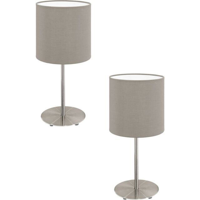 Loops 2 PACK Table Desk Lamp Colour Satin Nickel Steel Shade Taupe Fabric E27 1x60W in Metallics - image 1
